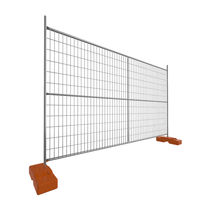 Ein Stück Australien temporäre Zaun platte mit orange farbenen Plastik füßen wird angezeigt.