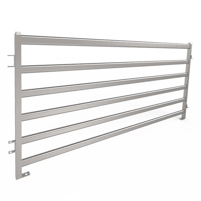 Apiece of galvanized corral panel is displayed.