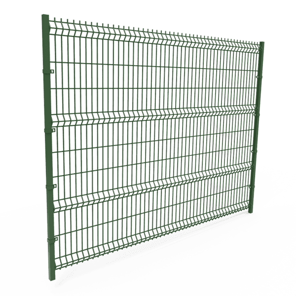 Se muestra un trozo de panel de valla soldada con curvas de recubrimiento en polvo verde.