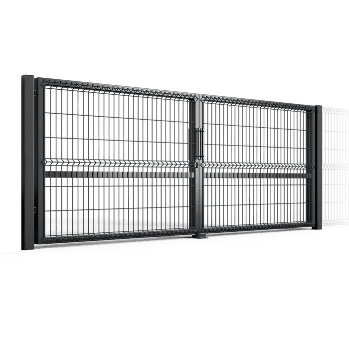 A curvy welded fence double swing gate on white background.