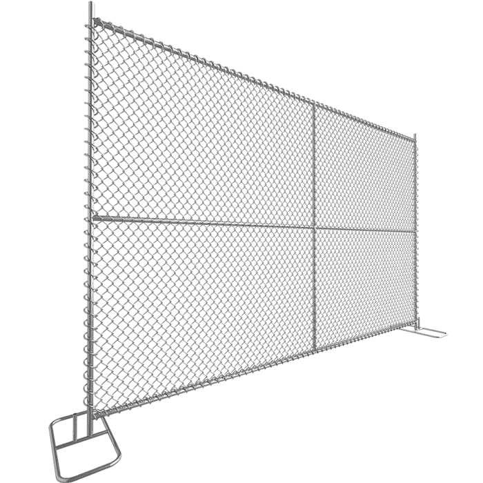 A piece of temporary chain link fence panel with fence feet is displayed.